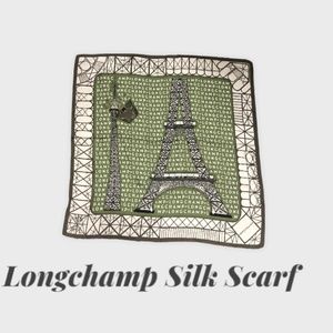 Longchamp Silk Scarf 19” Square 50 Printed Logo Eiffel Tower Geometric